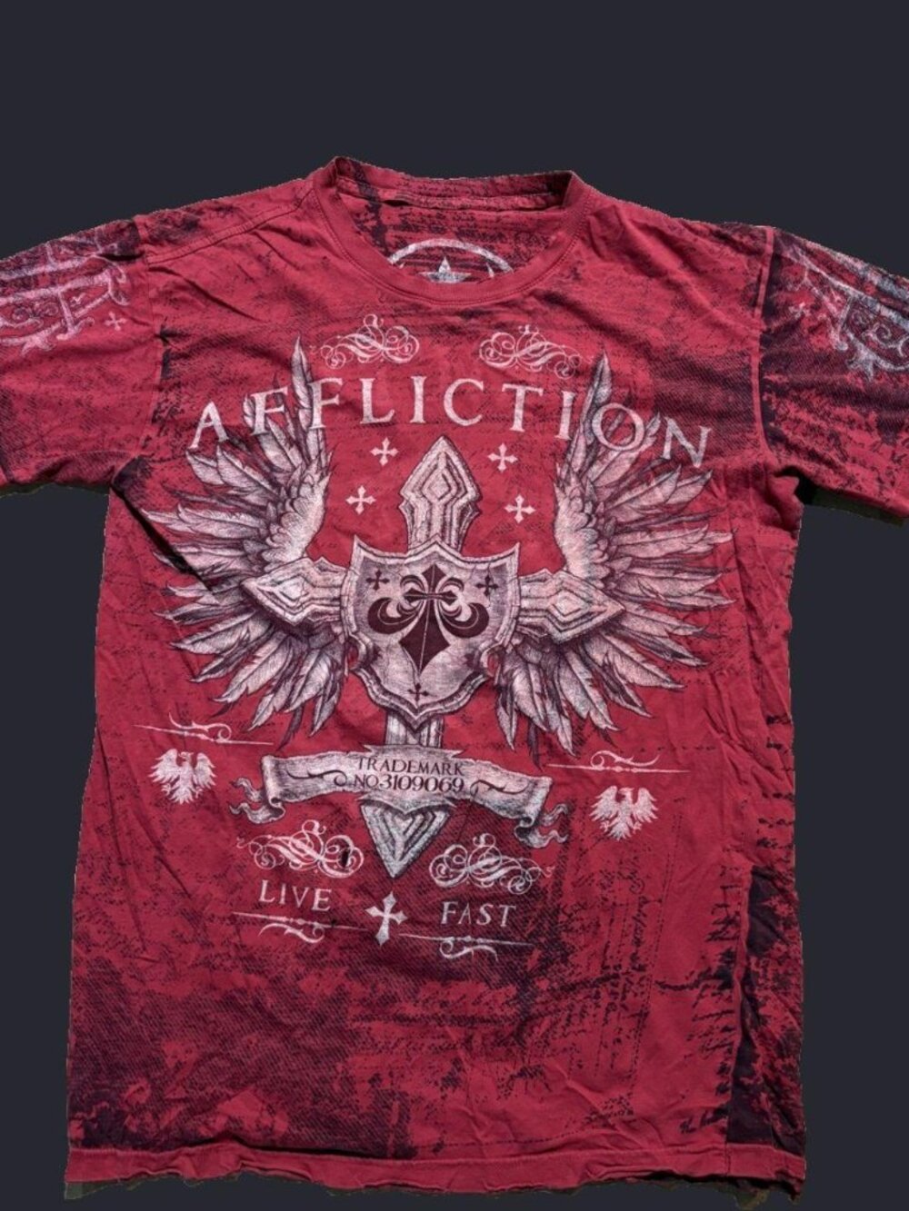 Affliction Live Fast Red All Over Print Graphic T-Shirt Men's M/L Y2K